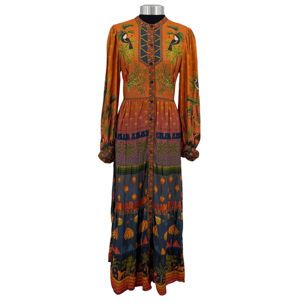 Farm Rio Est Mil Arvor Tropical Jungle Maxi Dress Orange Long‎ Sleeve Small NWT - Picture 3 of 16